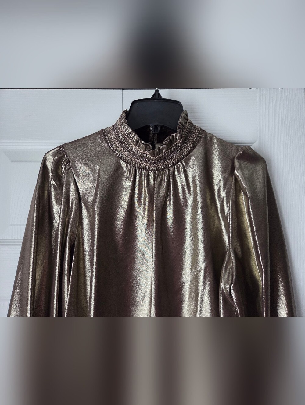 Karl Lagerfeld Paris Metallic Gold Smocked High-Neck Blouse Size M - Picture 3 of 12